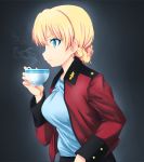  1girl bangs black_background blonde_hair blue_eyes braid commentary cup darjeeling epaulettes eyebrows_visible_through_hair fujimaru_arikui girls_und_panzer holding holding_cup jacket leaning_forward long_sleeves looking_to_the_side military military_uniform open_clothes open_jacket red_jacket short_hair solo st._gloriana&#039;s_military_uniform steam teacup tied_hair uniform 
