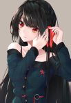  1girl absurdres adjusting_hair bare_shoulders black_hair blush braid brown_background collarbone eyebrows_visible_through_hair hair_ribbon highres long_hair long_sleeves looking_at_viewer original oriuo_q parted_lips red_ribbon ribbon simple_background solo upper_body very_long_hair 