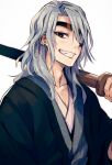  1boy bokken earrings eyepatch green_eyes grin holding holding_sword holding_weapon japanese_clothes jewelry kimetsu_no_yaiba looking_at_viewer male_focus medium_hair remon_(10112) silver_hair simple_background smile sword teeth upper_body uzui_tengen weapon white_background wooden_sword 