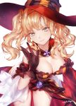  1girl blonde_hair blue_eyes breasts cleavage granblue_fantasy halloween_costume hat highres jack-o&#039;-lantern large_breasts long_hair looking_at_viewer michudx smile solo twintails witch_hat zeta_(granblue_fantasy) 