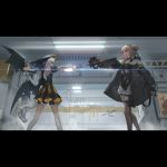  2girls aiming animal_ears bat_wings bullpup cat_ears cat_tail dinergate_(girls_frontline) english_text eyewear_on_head fake_animal_ears girls_frontline gun habit halloween halloween_costume handgun highres mexican_standoff multiple_girls nun official_art p7_(girls_frontline) p90 p90_(girls_frontline) spoilers submachine_gun sunglasses tail thighhighs trigger_discipline weapon wings 