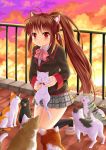  1girl animal animal_ear_fluff animal_ears black_cat black_jacket black_legwear blazer blush bow brown_footwear brown_hair cat cat_ears cityscape cloud cloudy_sky collared_shirt dress_shirt full_body grey_skirt holding holding_animal jacket kemonomimi_mode kneehighs kneeling little_busters! long_hair looking_at_viewer natsume_rin outdoors parted_lips pink_bow pleated_skirt ponytail railing red_eyes rooftop school_uniform shirt shoes sidelocks signature skirt sky solo sunset very_long_hair villyane white_cat white_shirt 