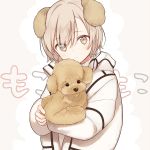  androgynous animal animal_ears bangs coat dog dog_ears highres holding holding_stuffed_animal long_sleeves looking_at_viewer original poodle sama short_hair silver_hair stuffed_animal stuffed_toy turtleneck upper_body 