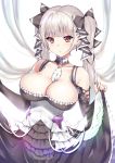  1girl azur_lane bangs bare_shoulders black_nails blush bow bowtie breasts choker cleavage daive dress dress_bow earrings eyebrows_visible_through_hair formidable_(azur_lane) frilled_dress frilled_ribbon frills grey_hair hair_between_eyes hair_ribbon highres jewelry large_breasts long_skirt long_sleeves looking_at_viewer nail_polish red_eyes ribbon simple_background skirt skirt_lift solo twintails two-tone_dress two-tone_ribbon 