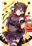  1girl :q azuma_yuki bare_shoulders blush breasts brown_gloves brown_hair brown_legwear chocolate cleavage closed_mouth commentary_request crop_top demon_girl demon_horns demon_wings frilled_skirt frills ghost gloves halloween_basket holding horns idolmaster idolmaster_shiny_colors long_hair medium_breasts navel pantyhose polka_dot_skirt purple_skirt red_eyes red_wings see-through single_leg_pantyhose single_thighhigh skirt smile solo sonoda_chiyoko striped striped_legwear thighhighs tongue tongue_out torn_clothes torn_legwear trick_or_treat very_long_hair wings 