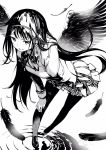  1girl akemi_homura akuma_homura black_eyes black_feathers black_hair black_legwear black_theme black_wings breasts commentary_request dutch_angle earrings evil_smile feathered_wings feathers floating_hair fukushima_masayasu greyscale hair_ribbon half-closed_eyes hand_in_hair hand_on_own_knee highres jewelry leaning leaning_forward light_smile loafers long_hair long_sleeves mahou_shoujo_madoka_magica mahou_shoujo_madoka_magica_movie mitakihara_school_uniform monochrome neck_ribbon open_mouth pantyhose plaid plaid_skirt pleated_skirt ribbon school_uniform shoes simple_background single_earring skirt small_breasts smile standing standing_on_liquid standing_on_one_leg straight_hair uniform white_background wings 