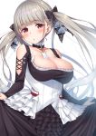  1girl azur_lane bangs bare_shoulders between_breasts black_bow black_dress blush bow breasts cleavage closed_mouth collarbone commentary corset cowboy_shot detached_collar dress eyebrows_visible_through_hair formidable_(azur_lane) frilled_dress frills hair_bow highres large_breasts long_hair long_sleeves looking_at_viewer nanasea74 red_eyes silver_hair simple_background skirt_hold solo twintails very_long_hair white_background 