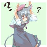  1girl ? arms_up bakuha bangs blue_capelet border bunny_pose capelet commentary cowboy_shot dress eyebrows_visible_through_hair green_background grey_dress grey_hair hair_between_eyes highres jewelry long_sleeves mouse_tail nazrin outside_border pendant red_eyes shirt short_hair simple_background solo standing tail touhou v-shaped_eyebrows white_border white_shirt 