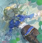  1girl bangs blonde_hair braid breasts closed_eyes crown_braid day flower hair_ornament hairclip lips long_hair long_sleeves lotus lying medium_breasts on_back outdoors pants parted_bangs partially_submerged pointy_ears princess_zelda shirt shuri_(84k) smile solo sparkle sunlight the_legend_of_zelda the_legend_of_zelda:_breath_of_the_wild thick_eyebrows twitter_username water 
