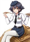  1girl anzio_school_uniform bangs belt beret black_belt black_hair black_headwear black_neckwear black_skirt braid brown_eyes carro_veloce_cv-33 closed_mouth commentary crossed_legs dress_shirt eating emblem eyebrows_visible_through_hair food food_in_mouth girls_und_panzer ground_vehicle hair_tie hat highres holding holding_food holding_plate long_sleeves looking_at_viewer military military_vehicle miniskirt motor_vehicle necktie omachi_(slabco) on_vehicle pantyhose pepperoni_(girls_und_panzer) pizza plate pleated_skirt school_uniform shirt short_hair side_braid simple_background sitting skirt smile solo tank white_background white_legwear white_shirt 