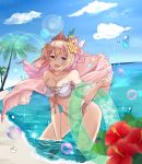  1girl absurdres bare_shoulders beach bikini blonde_hair blue_eyes blue_sky breasts cloud collarbone day europa_(granblue_fantasy) feb_itk flower flower_on_head granblue_fantasy hair_between_eyes hair_flower hair_ornament highres large_breasts lifebuoy looking_at_viewer ocean outdoors palm_tree plant_on_head sand short_hair sky smile solo swimsuit tiara tree water white_bikini white_flower 