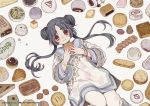  1girl :i baozi bead_bracelet beads black_hair bracelet cake chinese_clothes double_bun dumpling eating floral_print food food_request holding holding_food jewelry knee_up long_hair long_sleeves looking_at_viewer lying mia0309 on_back onii-chan_wa_zonbida original pants red_eyes short_eyebrows sidelocks slice_of_cake solo twintails 