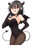  1girl alternate_costume bangs black_gloves black_hair black_horns black_leotard breasts brown_legwear cleavage demon_girl demon_horns demon_tail demon_wings elbow_gloves eyebrows_visible_through_hair fangs gloves hair_between_eyes hand_on_hip hand_up highres horns kantai_collection large_breasts leotard open_mouth pantyhose red_eyes sakikumo_(sakumo) simple_background solo strapless strapless_leotard tail white_background wings yamashiro_(kantai_collection) 