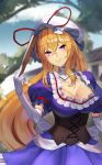  1girl bangs blonde_hair blue_sky blurry blurry_background blush breasts building cleavage cloud collarbone corset cowboy_shot day detached_collar dress elbow_gloves eyebrows_visible_through_hair fan folding_fan frills gloves hair_between_eyes hand_up hat hat_ribbon head_tilt holding holding_fan large_breasts long_hair looking_at_viewer mob_cap outdoors petticoat puffy_short_sleeves puffy_sleeves purple_dress purple_eyes red_ribbon ribbon short_sleeves sky smile solo standing sukocchi touhou touhou_cannonball very_long_hair white_gloves white_headwear yakumo_yukari 