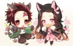  1boy 1girl :d animal_ears bangs black_hair black_legwear black_pants blush brother_and_sister brown_background brown_hair cat_ears cat_girl cat_tail checkered chibi commentary_request earrings fangs food food_in_mouth forehead gloves gradient gradient_background gradient_hair grey_gloves hair_ribbon heart jacket japanese_clothes jewelry kamado_nezuko kamado_tanjirou kemonomimi_mode kimetsu_no_yaiba kimono long_hair long_sleeves mouth_hold multicolored_hair multiple_tails obi open_clothes open_jacket open_mouth pants parted_bangs paw_gloves paw_print paws pink_eyes pink_kimono pink_ribbon print_kimono red_eyes ribbon sash siblings smile socks sparkle tail taiyaki taya_5323203 twitter_username two_tails v-shaped_eyebrows very_long_hair wagashi white_background white_gloves white_kimono wolf_boy wolf_ears wolf_tail 
