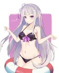  1girl absurdres bangs bare_arms bare_shoulders bikini black_bikini blunt_bangs braid breasts collarbone commentary_request emilia_(re:zero) flower french_braid hair_flower hair_ornament highres innertube long_hair looking_at_viewer medium_breasts navel pointy_ears purple_eyes re:zero_kara_hajimeru_isekai_seikatsu ribbon rose silver_hair smile solo swimsuit white_flower white_rose x_hair_ornament yamamimio 