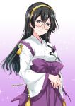  1girl alternate_costume black-framed_eyewear black_hair blue_eyes blush commentary_request cosplay glasses hairband hakama himemiya_chikane himemiya_chikane_(cosplay) japanese_clothes kannazuki_no_miko kantai_collection kawasumi_ayako long_hair mikage_takashi miko ooyodo_(kantai_collection) seiyuu_connection signature solo sparkle twitter_username wide_sleeves 