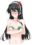  1girl anger_vein black_hair blush breasts cleavage closed_eyes collarbone commentary_request covering covering_breasts embarrassed eyebrows_visible_through_hair frown full-face_blush glasses hair_between_eyes hairband kantai_collection leaf_bra long_hair medium_breasts mikage_takashi navel nude ooyodo_(kantai_collection) semi-rimless_eyewear simple_background single_sidelock solo trembling under-rim_eyewear wavy_mouth white_background white_hairband 