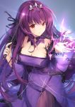 1girl bangs bare_shoulders black_ribbon blush breasts cleavage detached_collar dress fate/grand_order fate_(series) feather_trim hair_between_eyes hair_ribbon headpiece holding holding_wand jewelry kagachi_saku large_breasts long_hair long_sleeves necklace pantyhose parted_lips purple_dress purple_hair purple_legwear red_eyes ribbon runes scathach_(fate)_(all) scathach_skadi_(fate/grand_order) solo tiara wand wide_sleeves 