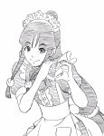  1girl alternate_costume apron ayasato_mayoi enmaided eyebrows_visible_through_hair eyes_visible_through_hair frilled_apron frills graphite_(medium) gyakuten_saiban hatching_(texture) heart heart_hands highres lee_(dragon_garou) long_hair maid maid_headdress monochrome sidelocks smile solo traditional_media upper_body very_long_hair waist_apron 