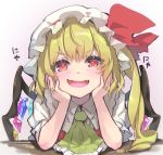  1girl :d ascot bangs blonde_hair blush commentary_request crystal eyebrows_visible_through_hair fangs flandre_scarlet frilled_ascot frills gradient gradient_background grey_background hands_up hat hat_ribbon head_rest long_hair looking_at_viewer mob_cap one_side_up open_mouth puffy_short_sleeves puffy_sleeves red_eyes red_ribbon red_vest ribbon shadow shirt short_sleeves skin_fangs smile solo syuri22 touhou translation_request upper_body v-shaped_eyebrows vest white_headwear white_shirt wings yellow_neckwear 