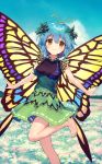  1girl ainy77 antennae bangs bare_arms bare_shoulders barefoot black_shirt blue_hair blue_sky blush breasts brown_eyes butterfly_wings cloud day eternity_larva eyebrows_visible_through_hair feet_out_of_frame field flower flower_field green_skirt hair_between_eyes leaf leg_up looking_at_viewer medium_breasts miniskirt outdoors shirt short_hair skirt sky sleeveless sleeveless_shirt smile solo standing standing_on_one_leg touhou touhou_cannonball wings 