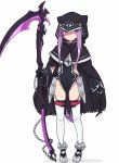  1girl :| absurdres black_cape black_gloves cape chain closed_mouth collar commentary covered_navel expressionless eyes_visible_through_hair fate/grand_order fate_(series) full_body gloves highres hood hooded_cape leotard long_hair looking_at_viewer medusa_(lancer)_(fate) nonono_(mino) purple_eyes purple_hair rider scythe shaded_face sidelocks simple_background solo standing thighhighs very_long_hair weapon white_background white_legwear 