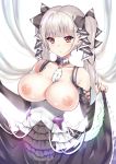  1girl azur_lane bangs bare_shoulders black_nails blush bow bowtie breasts breasts_outside choker daive dress dress_bow earrings eyebrows_visible_through_hair formidable_(azur_lane) frilled_dress frilled_ribbon frills grey_hair hair_between_eyes hair_ribbon highres jewelry large_breasts long_skirt long_sleeves looking_at_viewer nail_polish nipples red_eyes ribbon simple_background skirt skirt_lift solo twintails two-tone_dress two-tone_ribbon 