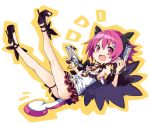  1girl ass black_shirt blush bracelet cosplay disgaea dual_wielding fang flat_chest full_body high_heels holding horns iwasi-r jewelry looking_at_viewer makai_senki_disgaea_3 makai_senki_disgaea_5 navel open_mouth pink_eyes pink_hair pleated_skirt pointy_ears raspberyl seraphina_(disgaea) shirt short_hair skirt solo tail thigh_strap trigger_discipline wings 