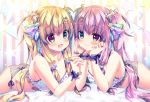  2girls :d bare_arms bare_shoulders blonde_hair blue_bra blue_eyes bow bra breasts chin_rest cleavage collarbone grey_panties hair_bow hair_ornament hairclip holding jewelry lingerie lipstick_tube long_hair looking_at_another lying medium_breasts mizuki_yuuma multicolored multicolored_eyes multiple_girls nail_polish on_stomach open_mouth original panties pink_hair ring side-tie_panties smile star star_hair_ornament star_print twintails underwear underwear_only very_long_hair wrist_cuffs 