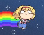  1girl :3 alice_margatroid blonde_hair blue_background blue_dress blush_stickers book boots capelet chibi commentary dress eyebrows_visible_through_hair flying frills full_body grimoire_of_alice hair_between_eyes hairband holding holding_book leg_up neck_ribbon nekoguruma nyan_cat o_o open_mouth rainbow ribbon sash short_hair short_sleeves solo space star touhou 