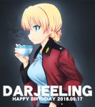  1girl bangs black_background blonde_hair blue_eyes braid character_name commentary cup darjeeling dated epaulettes eyebrows_visible_through_hair fujimaru_arikui girls_und_panzer holding holding_cup jacket leaning_forward long_sleeves looking_to_the_side military military_uniform open_clothes open_jacket red_jacket short_hair solo st._gloriana&#039;s_military_uniform steam teacup tied_hair uniform 