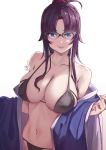  1girl adashino_hishiri ahoge bare_shoulders black_bra black_panties blue_kimono blush bra breasts collarbone commentary_request dated fate_(series) glasses hair_over_breasts highres japanese_clothes kimono large_breasts lips lipstick long_hair looking_at_viewer lord_el-melloi_ii_case_files makeup navel off_shoulder over-rim_eyewear panties parted_lips ponytail purple_eyes purple_hair semi-rimless_eyewear shiroi_ume sidelocks signature solo underwear undressing white_background 