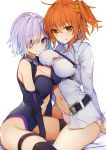  2girls ahoge arms_behind_back bangs bare_shoulders black_legwear breasts chaldea_uniform cleavage elbow_gloves eyebrows_visible_through_hair fate/grand_order fate_(series) fujimaru_ritsuka_(female) glasses gloves hair_between_eyes hair_ornament hair_over_one_eye highres jacket large_breasts lavender_hair long_sleeves looking_at_viewer mash_kyrielight medium_breasts multiple_girls navel open_clothes open_jacket orange_hair panties pink_hair pink_panties purple_eyes purple_hair scrunchie short_hair shuutou_haruka side_ponytail sitting smile tongue tongue_out underwear 