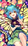  1girl :d ainy77 antennae bangs bare_arms bare_shoulders black_shirt blue_hair blush brown_eyes bug butterfly butterfly_wings eternity_larva eyebrows_visible_through_hair feet_out_of_frame flower green_skirt hair_between_eyes insect leaf looking_at_viewer miniskirt open_mouth pink_flower red_flower shirt short_hair skirt sleeveless sleeveless_shirt smile solo touhou touhou_cannonball wings yellow_flower 