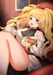  1girl ahoge blonde_hair breasts cookie eating food granblue_fantasy highres large_breasts long_hair looking_at_viewer monica_weisswind open_mouth shorts solo twintails user_aemy7233 wavy_mouth yellow_eyes 