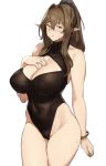  1girl :s bangs black_scrunchie blush bracelet breasts brown_hair brown_haired_glasses_elf_(houtengeki) cleavage cleavage_cutout collarbone covered_collarbone covered_navel covered_nipples cowboy_shot crossed_bangs elf glasses green_eyes groin hair_between_eyes hair_ornament hair_scrunchie hand_on_own_chest high_ponytail highleg highleg_leotard highres houtengeki huge_breasts jewelry leotard long_hair looking_at_viewer original pointy_ears ponytail scrunchie sidelocks sleeveless solo sweat thighs turtleneck 