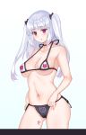  1girl alternate_costume bikini black_bikini_bottom breasts cameltoe cowboy_shot essex_(warship_girls_r) eyebrows_visible_through_hair g.h_(gogetsu) highres long_hair medium_breasts mismatched_bikini multicolored_bikini_top navel print_bikini red_eyes side-tie_bikini silver_hair solo swimsuit twintails warship_girls_r white_bikini_top 