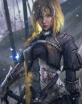  1girl arm_at_side armor armored_dress artist_name battlefield blonde_hair blood bloody_clothes blurry blurry_background braid bug butterfly fate/apocrypha fate_(series) gauntlets glowing glowing_butterfly highres insect jeanne_d&#039;arc_(fate) jeanne_d&#039;arc_(fate)_(all) looking_at_viewer purple_eyes realistic serious solo trungbui42 upper_body 