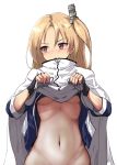  1girl azur_lane bangs blonde_hair blue_jacket blush breasts cape capelet cleveland_(azur_lane) dress dress_lift embarrassed fang fingerless_gloves gloves groin highres jacket looking_at_viewer looking_to_the_side navel no_bra no_panties one_side_up parted_bangs ponytail red_eyes skin_fang small_breasts solo standing take_(trude1945oneetyan) underboob white_capelet 