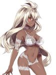  1girl 218 alternate_costume arm_at_side bare_shoulders blush bra breasts brown_hair choker cleavage collarbone cowboy_shot dark_skin dated eyebrows_visible_through_hair from_side garter_belt granblue_fantasy lace lace_bra lace_panties lips long_hair looking_to_the_side medium_breasts navel panties solo standing stomach thighs underwear underwear_only very_long_hair white_background white_bra white_choker white_hair white_panties yellow_eyes zooey_(granblue_fantasy) 