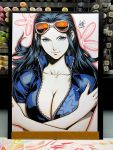  1girl black_hair blue_eyes blue_shirt breasts cleavage closed_mouth crossed_arms english_commentary eyewear_on_head hair_slicked_back high_collar highres large_breasts long_hair looking_at_viewer marker_(medium) nico_robin one_piece open_clothes open_shirt shirt short_sleeves smile stanley_lau sunglasses traditional_media unzipped 