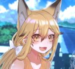  1girl absurdres animal_ears black_hair blush bow brown_eyes brown_hair collarbone electric_fan extra_ears eyebrows_visible_through_hair ezo_red_fox_(kemono_friends) fang fox_ears hair_bow highres kemono_friends long_hair looking_at_viewer multicolored_hair open_mouth ponta_(matsuokazieg) smile solo two-tone_hair upper_body very_long_hair white_bow 