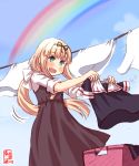  1girl alternate_costume alternate_hairstyle artist_logo black_ribbon blonde_hair blue_sky blush clothesline cloud commentary_request cowboy_shot dated day green_eyes hair_ribbon highres holding_clothes kanon_(kurogane_knights) kantai_collection laundry laundry_basket long_hair looking_at_viewer low_twintails outdoors rainbow ribbon sky solo standing straight_hair twintails white_background yuudachi_(kantai_collection) 