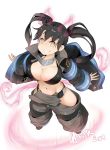  1girl 2019 artist_name bangs belt black_belt black_bikini_top black_coat black_footwear black_hair breasts cleavage coat en&#039;en_no_shouboutai english_commentary fire from_above full_body grey_pants grin hair_between_eyes highres hip_vent hot_vr large_breasts legs_apart long_hair long_sleeves looking_at_viewer multicolored multicolored_eyes navel neon_trim open_clothes open_coat open_mouth orange_eyes pants simple_background smile solo standing tamaki_kotatsu twintails white_background wide_hips yellow_eyes 