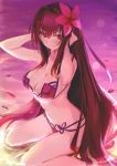  1girl bare_legs bikini breasts cleavage eyebrows_visible_through_hair fate/grand_order fate_(series) flower hair_flower hair_ornament long_hair medium_breasts navel nishin_(nsn_0822) outdoors pink_bikini pink_eyes purple_hair scathach_(fate)_(all) scathach_(swimsuit_assassin)_(fate) sidelocks sitting smile solo swimsuit very_long_hair wariza 
