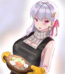 1girl apron bare_arms breasts cleavage commentary_request earrings fate/grand_order fate_(series) food hair_ornament holding holding_food hotpot jewelry kama_(fate/grand_order) large_breasts meme_attire open-chest_sweater oven_mitts pink_eyes pot ribbon sideboob sleeveless standing sweatdrop sweater white_hair zenshin 