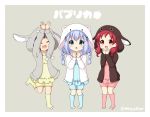  3girls :d ^_^ animal_ears animal_hood anko_(gochiusa) arms_up bangs blue_camisole blue_eyes blue_hair blue_legwear blue_shorts blush braid brown_jacket bunny_ears bunny_hood character_hood chestnut_mouth chimame-tai closed_eyes commentary_request drawstring eyebrows_visible_through_hair fake_animal_ears fang gochuumon_wa_usagi_desu_ka? grey_background grey_jacket hair_ornament hood hood_up hooded_jacket jacket jouga_maya kafuu_chino kneehighs long_hair long_sleeves loungewear miicha multiple_girls natsu_megumi no_shoes open_clothes open_jacket open_mouth pink_camisole pink_legwear pink_shorts pom_pom_(clothes) red_eyes red_hair shorts sidelocks simple_background sleeves_past_wrists smile standing standing_on_one_leg tippy_(gochiusa) toeless_legwear translation_request twin_braids twitter_username white_jacket wild_geese x_hair_ornament yellow_camisole yellow_legwear yellow_shorts 