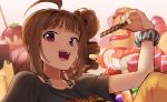  1girl :d arm_up bangs black_shirt blunt_bangs blurry brown_hair cake candy caviar chocolate_bar close-up clothes_writing corndog depth_of_field drill_hair eyebrows_visible_through_hair fingernails food holding holding_food idolmaster idolmaster_million_live! kamille_(vcx68) knee_up layered_clothing leaning_back looking_at_viewer medium_hair open_mouth pants pastry pudding purple_eyes sausage scrunchie shirt side_ponytail sidelocks smile solo striped_tank_top sushi swiss_roll tank_top teeth upper_body wafer_stick white_background wrist_scrunchie yellow_pants yokoyama_nao 