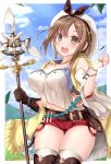  1girl atelier_(series) atelier_ryza belt blue_belt blue_sky breasts brown_belt brown_eyes brown_gloves brown_hair cloud commentary_request eyebrows_visible_through_hair gloves hair_ornament hairclip highres holding holding_staff jacket jewelry kazuneko_(wktk1024) landscape large_breasts leather leather_belt leather_gloves necklace red_shorts reisalin_stout short_hair short_shorts shorts single_glove sky sleeveless sleeveless_jacket staff star star_necklace thick_thighs thigh_pouch thighs vial white_headwear yellow_jacket 
